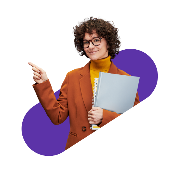 Woman with glasses pointing