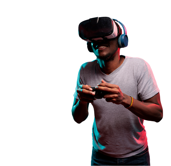 Man playing video games wearing an augmented reality headset