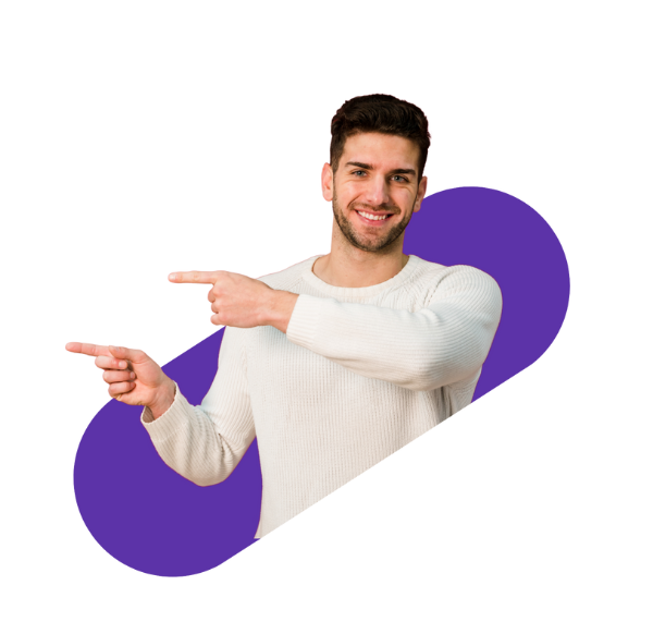 lachende man die met vinger naar links wijst