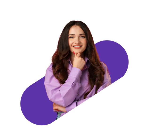 woman facing forward and smiling, resting her hand on her chin