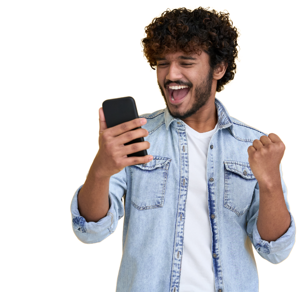 happy man smiling in front of his phone