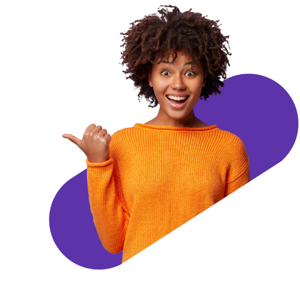 smiling, expressive woman pointing thumb to the left