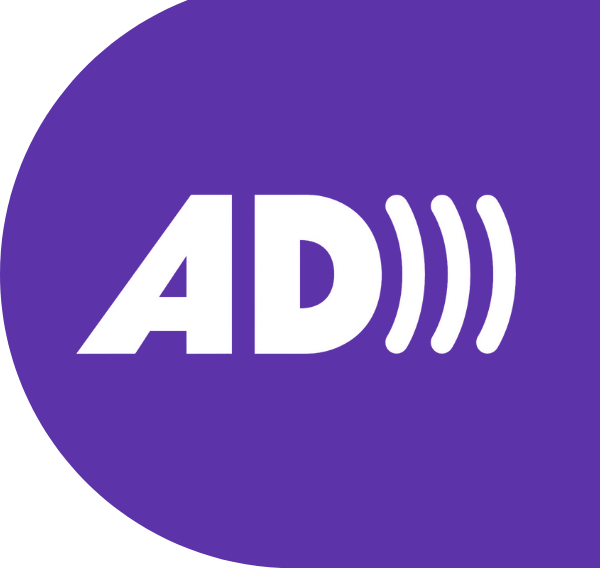 audio description logo AD in purple capsule transparent background