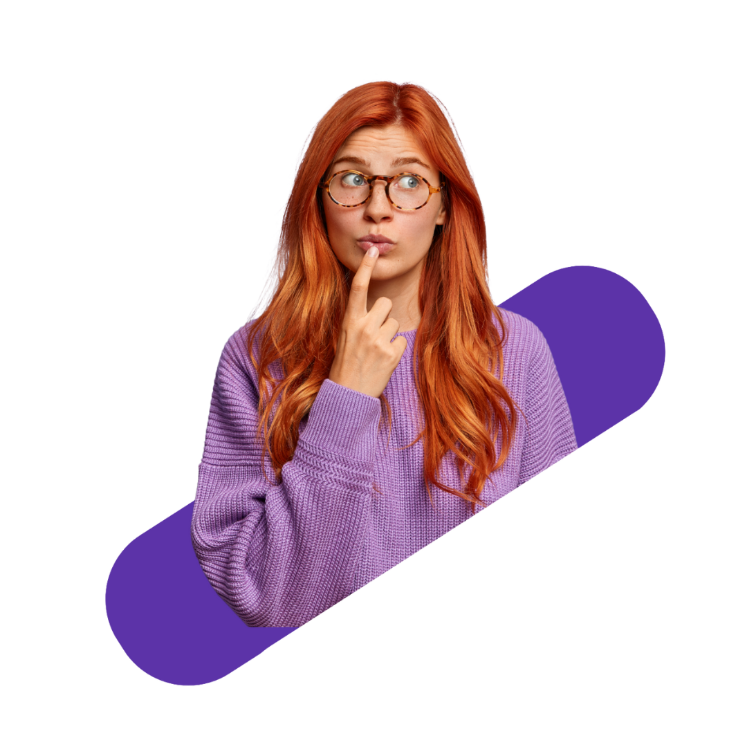 red-haired woman with a questioning expression putting her finger on her mouth