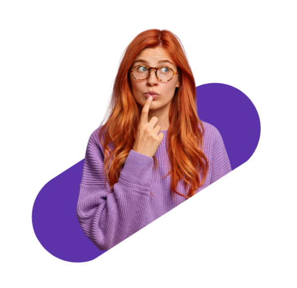 Questioning woman putting her finger on her mouth and looking to the right